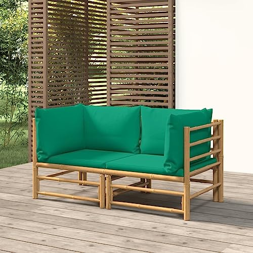 Frdhee Sitzgruppe Outdoor Gartenliege,Garten-Ecksofas mit Grünen Kissen 2 STK. Bambus für Veranden, Innenhöfe, Terrassen, Balkone, Poolränder