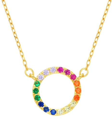 Löb 925 Silber Kette Ring Anhänger Zirkonia Mehrfarbig 585 Gold vergoldet, Damen Halskette Kreis Offen Ringanhänger Regenbogen Rainbow Bunt Minimalistisch Modern Geometrisch