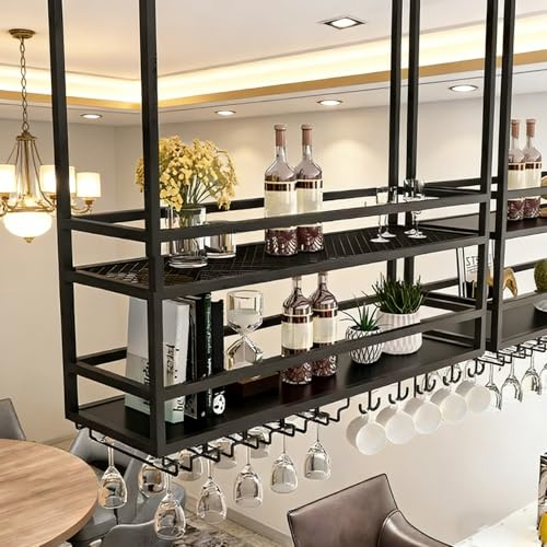 SPTZQURY Industrielle Deckenregal Weinregal mit Glashalter, Hängend Metall Weinflaschenhalter, 2 Lagiger Hängeregal Industrieller Stil Lagerregal für Bars, Restaurants, Küchen Cafe (Black, 160cm)