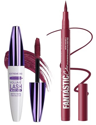 Burgundy Wimperntusche & Eyeliner Set, Wasserfest, Langhaltende, Wischfest | 5D Silk Fiber Telescopic Mascara Volumen und Länge, Schnelltrocknend Liquid Eyeliner, Hochpigmentiert Augen-Makeup für Frauen