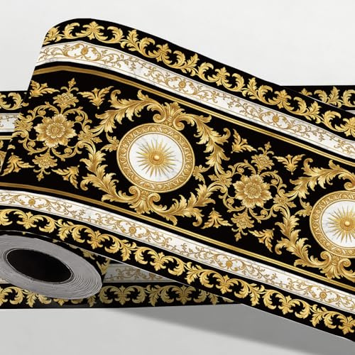 CONCHLERY Baroque Style Black Gold Trim Wallpaper Stick Border 197 Inch | Baroque Black Gold Self Adhesive Wallpaper Stick Border Removable for Bedroom and Living Room
