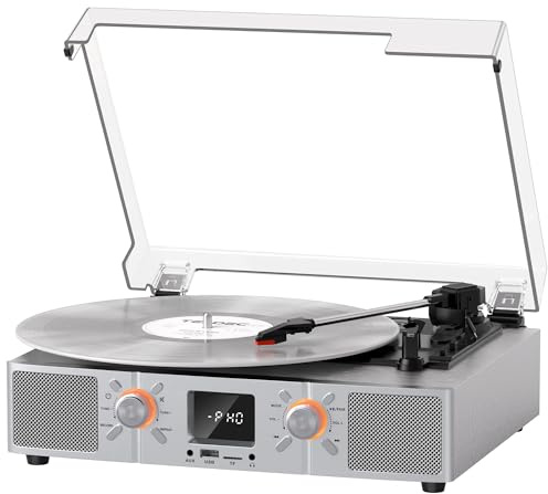VinylsLink Schallplattenspieler Bluetooth Plattenspieler mit Lautsprechern, 3-Gang-LP-Player, Auto-Stop, USB- und TF-Wiedergabe, USB-Aufnahme, FM-Radio, LED-Anzeige, Cinch-Ausgang, AUX-Eingang