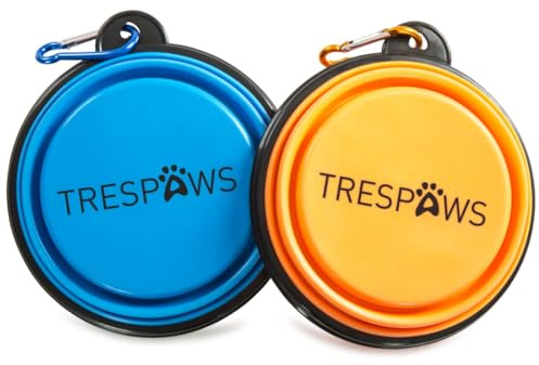 Trespaws Dog Bowl Sippy - Unisex Collapsible Travel Bowl, BPA Free Plastic, 2 Pack, Carabiner Clip, Portable Silicone Pet Dish, Food Water Bowl, Assorted Colours for Dogs