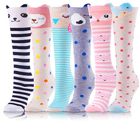 ANTSANG Mädchen Kniestrümpfe 6 Paar für Kinder Geschenke Lange Lustige Kindersocken Tier Baumwolle Socken 3-12 Jahre Weihnachtsgeschenke(Tierstreifen A,3-12 Jahre)