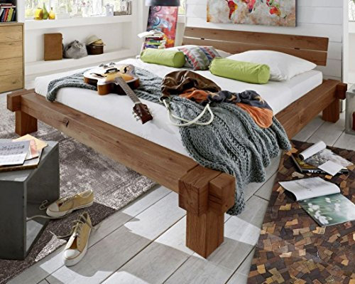 SAM Balkenbett 200x200 cm Jonas, Fichten-Holz geölt, massives Holzbett, geteiltes Kopfteil