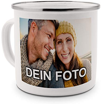 PhotoFancy – Emaille-Tasse mit Foto Bedrucken Lassen – Blechtasse Personalisieren – Nostalgie-Becher selbst gestalten (Groß [400 ml], weiß mit silbernem Mundrand)