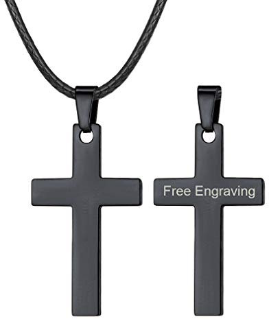 FaithHeart Gravierte Kreuz Partner Ketten mit Wunsch Gravur auf der Rückseite aus Edelstahl Schwarz Schmuck, Lederhalsband Mit Verschluss