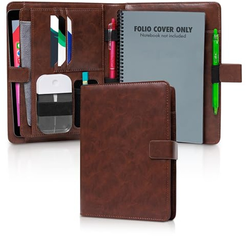 Trailblaze Genuine Leather Folio Cover Compatible with Rocketbook Everlast, Wave, Fusion, Panda, A5 Size Portfolio Organiser with Multiple Pockets, Fits A5 Size Notebook 6 x 8 Inches