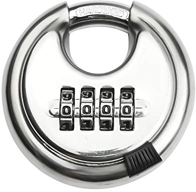 Edelstahl-Diskus-Vorhängeschloss mit 4 Ziffern (7,6 cm) Zahlenschloss für den Außenbereich für Lager, Schuppen, Lagerspind, Einheiten (Silber,1)