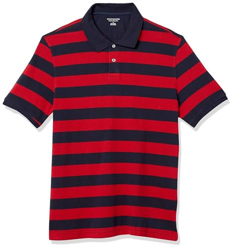 Amazon Essentials Herren Polohemd aus Baumwollpiqué in normaler Passform (erhältlich in Übergrößen), Marineblau Rot Rugby-Streifen, S