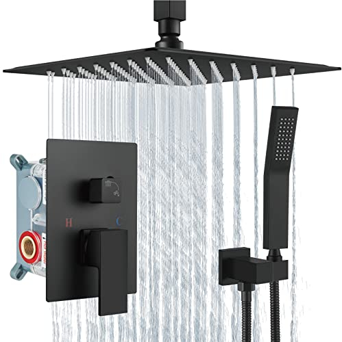 Aolemi Duschsystem Matt Schwarz 10 Zoll Regendusche Deckenhalterung mit Handbrause Luxus Hochdruck Duschkombi Set Rauhventil und Duschblende inklusive Badezimmer