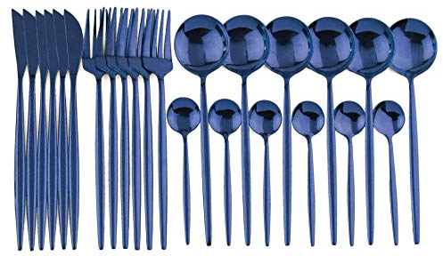24 pièces ensemble de vaisselle en or miroir vaisselle en acier inoxydable couteau fourchette cuillère ensemble de couverts à café ensemble de couverts au lave-vaisselle-Bleu