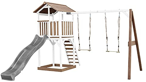 AXI Beach Tower Spielturm aus Holz in Braun & Weiß | Spielhaus für Kinder mit Grauer Rutsche, Doppelschaukel und Sandkasten | Stelzenhaus für den Garten