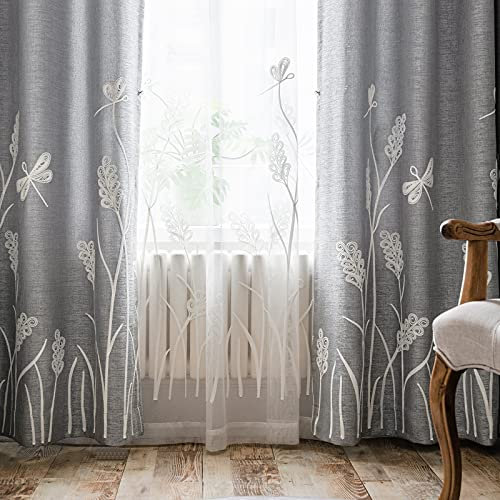 Melodieux Transparenter Vorhang mit Weizenstickerei, extra breit, für Wohnzimmer, Terrassentür, Bauernhaus-Blumenmuster, Stangentasche, Voile, Drapierung, Weizen/Weiß transparent, 254 x 213,4 cm (B x