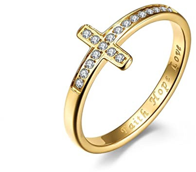 Whoiy Goldring Jesus, Verlobung Ring mit Gravur Edelstahl Gold Kreuz Eingelegter Zirkonia-Ring für Frauen 54 (17.2) Kostenlos Gravieren