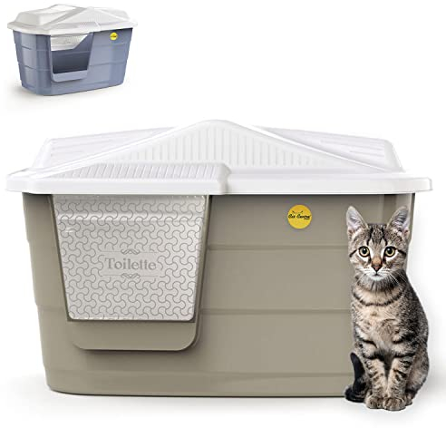 CAT CENTRE Beige Large Cat Hooded Litter Tray Box or Cat House Spacious Adult Cats Kittens Covered Toilet Enclosed Pan Loo Flap Door Lidded Detachable Hood Easy Cleaning