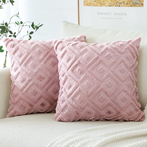Artscope 2er Set Wolle Kissenbezüge Weicher Plüsch Kurzer Wollsamt Dekokissenbezuge Luxuriöses Sofakissen Boho Kissenhülle für Sofa Schlafzimmer Geometrische Rosa, 60x60cm