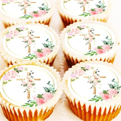 Pink Cross Cake Toppers - Edible Icing or Wafer - Flower Christening Baptism Holy Communion Cupcake Decorations (Edible Wafer)