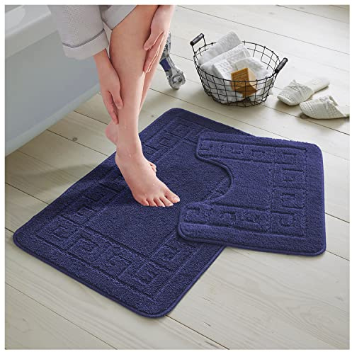GC GAVENO CAVAILIA Bath Mat Set 2 Piece - Non Slip Bathroom Mat - Bath Rug Toilet Mat With Pedestal Set - Machine Washable Floor Mat - Navy
