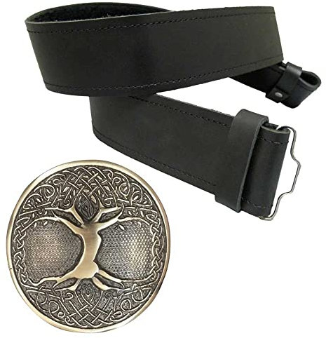 Kilt Gürtel und Schnalle Set Antik, Schottische Kilt Gürtelschnalle Klettverschluss Gürtel für Männer, Schwarze Ledergürtel Keltisch Geprägte Einfarbige Distel 2 Stück, Schwarz , XL