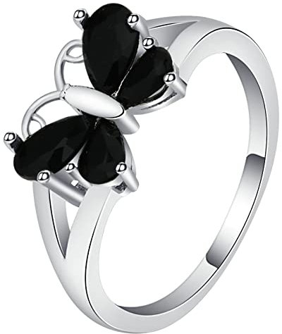 Whoiy Ring Schwarz 52, Ringe Vintage Silber Schwarz Eheringe Schmetterling mit Schwarzem Zirkonia Verlobungsring für Frauen