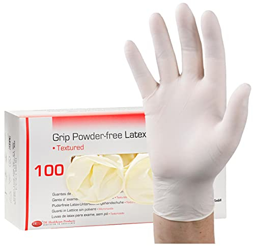 DE Healthcare Products – Latex-Einmalhandschuhe (100 Stück) puderfrei, unsteril, hypoallergene weiße Handschuhe, L