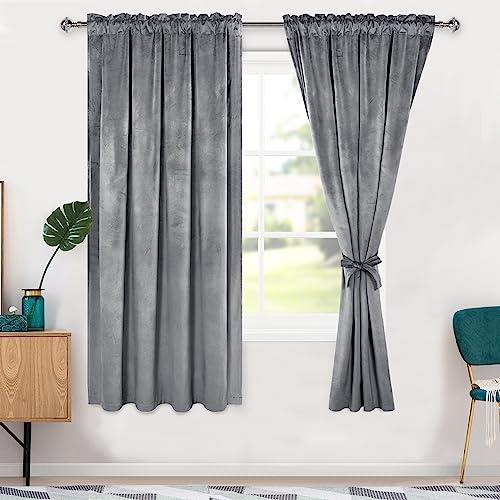 Hiasan Graue Samtvorhänge, 160 cm, Verdunkelungsstangentasche, wärmeisoliert, weiche Vorhänge, Raumverdunkelung, Fenstervorhänge mit Raffhaltern, für Schlafzimmer, 2er-Set Paneele, 52Wx63L