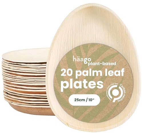 HAAGO 20 Disposable Palm Leaf Oval Plates - Eco-Friendly Like Wooden & Bamboo Serving Plates for Hot & Cold Food, Microwave & Freezer Safe Compostable, Alternative to Paper Teardrop Plate - 25cm