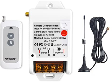 eMylo 433MHz RF Funk Fernbedienung Schalter Kabellos 1 Kanäle AC 220V 230V 240V Drahtloser Relais Empfänger 1000M Long Range für Garagentor Rollläden Licht und Pumpen
