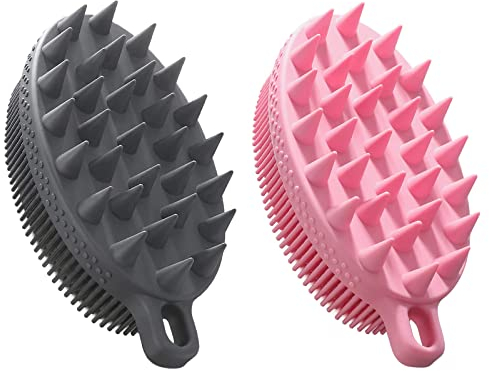FREATECH Cepillo Silicona de 2 Caras para Limpieza de Piel y Cabello, 2 en 1 Ducha Baño Esponja Cepillo Corporal Silicona y Champú Cuero Cabelludo Masajeador Exfoliante, Fácil de Limpiar, Negro y Rosa