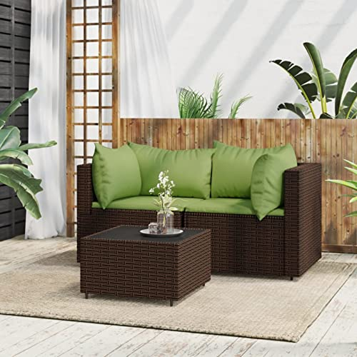 Yolola balkonmöbel Set Balkonmöbel Kleiner Balkon Balkonsofa Rattan gartenmöbel Set Gartensofa Set Lounge Gartenmöbel Set loungemöbel terrasse-Braun und Grün-2x Eckteil + Tisch