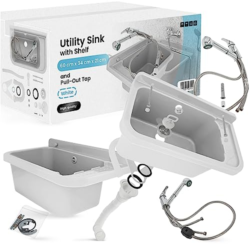 Lavabo de Cámara | Fregadero Industrial 60x34x21 cm Blanco con Estante Batidora Rociador Extraíble Profunda Lavadero Exterior Lavamanos Jardín Garaje Lavandería Baños