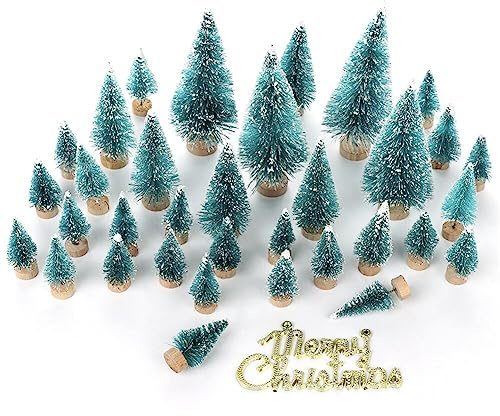 ZHDOKA 55Pcs Frosted Sisal Trees with Wood Base, Tabletop Mini Pine Trees Sisal Snow Frost Trees Bottle Brush Trees with Christmas Sign and Wreath for Christmas DIY Home Party Decoration(Blue)