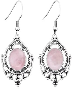 Stein Ohrringe,Vintage Ovale Filigrane Anhänger Ohrhänger Rosenquarz Tropfenohrringe Antike Barock Stil Edelstein Schmuck für Frauen Mädchen Geschenk