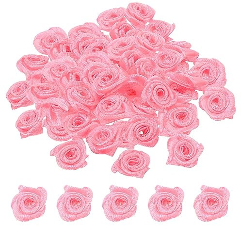 PATIKIL 0.6 Mini Satin Ribbon Roses, 50 Pcs Tiny Fabric Flowers Embellishments Rosettes Applique for DIY Crafts and Wedding, Pink