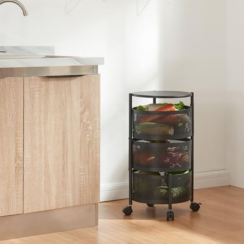 [en.casa] Rollwagen Steigen mit 3 Ebenen mehrlagiges Küchenregal mit Rädern Servierwagen aus Stahl ausklappbare Körbe Regal für Küche, Bad 59,5 x Ø33 cm Schwarz