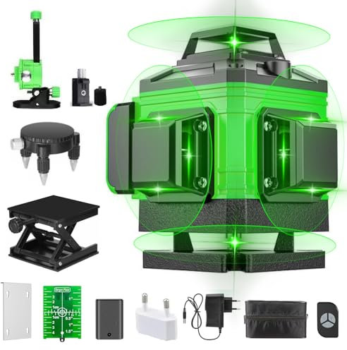 Kreuzlinienlaser Grün 4 x 360°, Selbstnivellierende Vertikale Horizontale Laser-Wasserwaage, Grüne Wasserwaage mit Selbstnivellierungsfunktion, mit 2 * 2600 mAh Wiederaufladbaren Batterien (A)