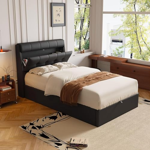 Polsterbett 90x200cm, Boxspringbett mit hydraulisches Bettkasten, Bett mit Lattenros, Verdeckte Stauraum Kopfteil, Einzelbett Jugendbett Bettrahmen, Kunstleder, Ohne Matratze (Schwarz, 90x200 cm)