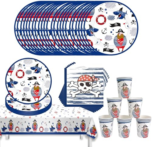 Juego de vajilla de fiesta pirata, plato de papel con mantel, platos de papel, vasos, servilletas, cumpleaños infantiles, juego de platos de papel para baby shower, fiesta de cumpleaños (16 invitados)