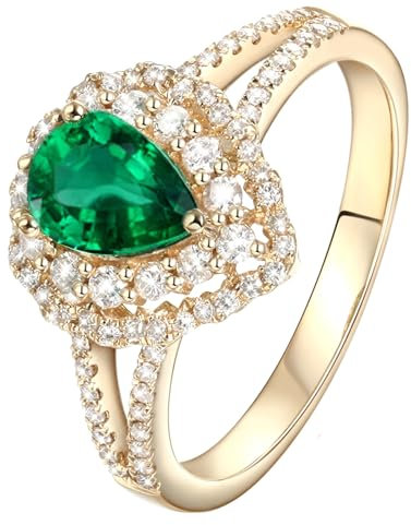 Daesar Damen Ring Gold 585, Verlobungsring Blume mit 1.5ct Tropfen Smaragd Eheringe Hochzeit Ringe Frauen Gold Gr.54 (17.2)