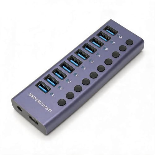 10 Port 60 W Powered USB Hub, USB 3.0 Port Hub mit Einzelnen Netzschaltern, LEDs Aluminiumlegierungsgehäuse USB 3.0 Dockingstation 60 W 12 V 5 A Netzteil 100 240 V (EU-Stecker