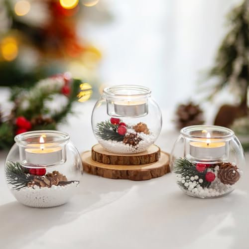 Glasseam Portavelas De Navidad De Cristal: Set De 3 Portavelas Decorativos De Navidad con Bayas Rojas Y PiñAs De Nieve Portavelas Votivos para Centros De Mesa Regalo De Fiesta