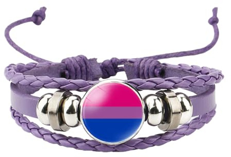OAKKY Unisex Aleación 18mm Cool Rayas de Colores Bisexual Bandera Trenzado a Mano Cuero Trenzado LGBT Orgullo Ajustable Pulsera Morado