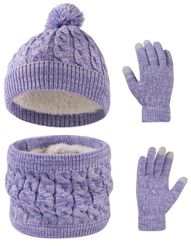 Waylipun Wintermütze Schal Handschuhe Set für Mädchen Jungen, 3 in 1 Warm Winte Strickmütze Kinder Mütze Set mit Plüsch Innenfutter für Kinder 3-10 Jahre (Lila-Mix)