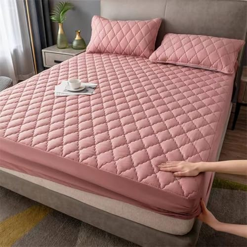Musihy Spannbetttücher Boxspringbett 220 x 200cm Polyester-Baumwolle Einfarbig Gitter strukturiert mit Bettzeug Spannbettlaken mit 2 Kopfkissenbezügen für Boxspringbetten, Rosa