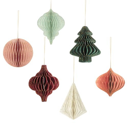 AOBKIAT Weihnachten Dekorationen,6 Stück Papier Ornamente mit Glitzerrand,Papierwaben Weihnachtsschmuck Hängende Dekorationen,für Weihnachtsbaum,Silvester,Heimdekoration