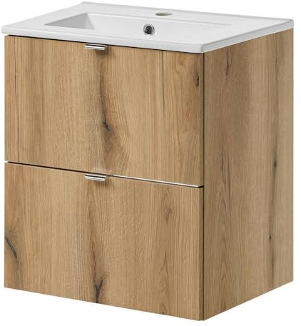 [en.casa] Badmöbel Skelbolu Waschtisch mit Unterschrank Badezimmerschrank 51 x 57 x 39 cm Waschbecken mit Unterschrank 2 Schubladen Badschrank Waschtischunterschrank hängend Eicheoptik