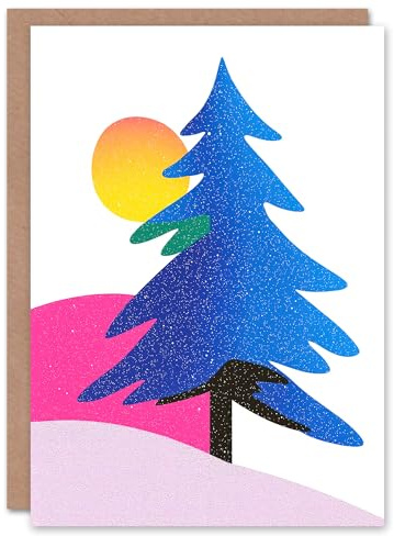 Artery8 Greeting Card Modern Abstract Tree Snow Sun Bold Colourful Blank For Him Or Her Art Christmas Card