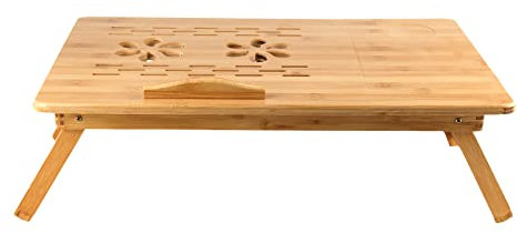 Table de lit Pliable,Table D'Ordinateur en Bambou, Pieds réglables en Hauteur Pliable inclinable avec tiroir et Trous de Ventilation Peu encombrante Table de lit-66 * 35 * 30 cm-Couleur Bois