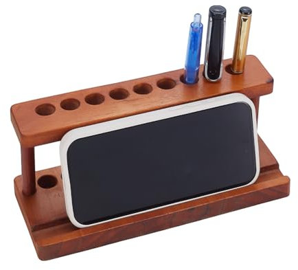 HOBBIESAY 9-Hole Wooden Pencil Pen Holder 20cm Rubber Wood Pens Display Stand Wood Desk Pen Organizer Fountain Pens Holders Chocolate Cell Phone Holders for School Office Home Desk Organization